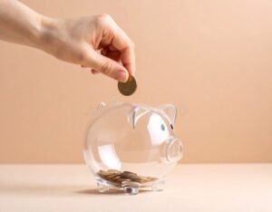 main deposant des pieces dans une tirelire transparente