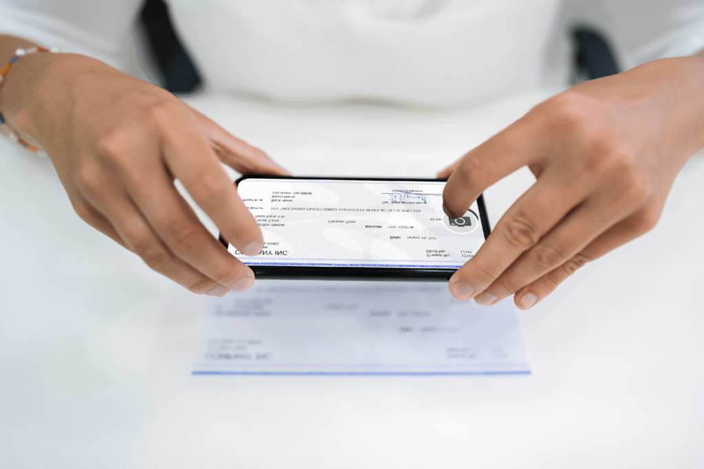 Comment effectuer un dépôt de chèque chez Hello Bank facilement 1 main deposant un cheque dans une application bancaire