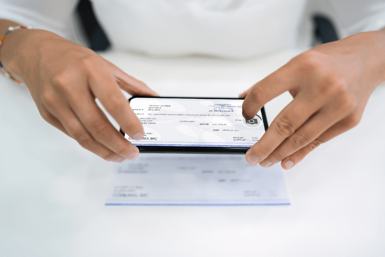 main deposant un cheque dans une application bancaire