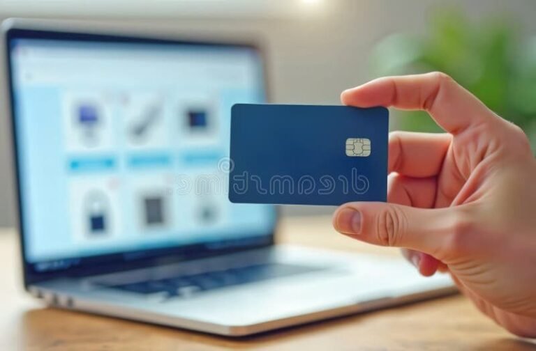 main tenant carte de credit devant ordinateur