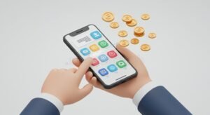 main tenant smartphone avec icones financieres digitales