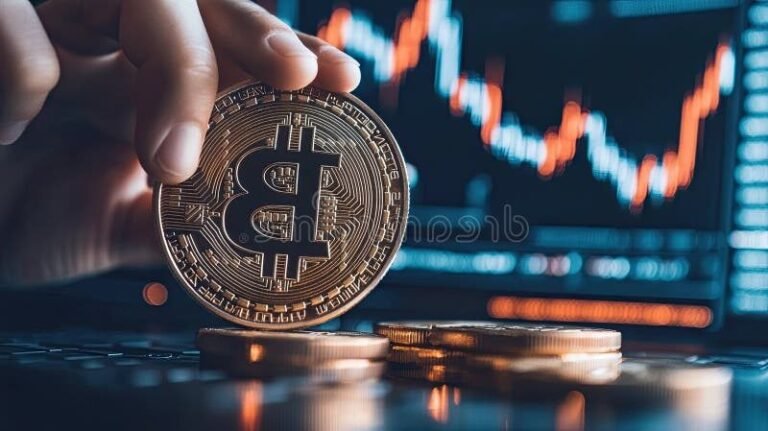 main tenant une piece devant un graphique boursier