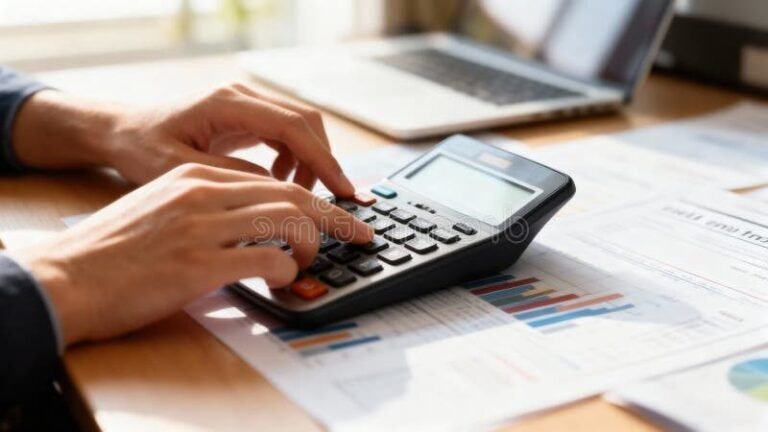 personne utilisant calculatrice avec documents financiers