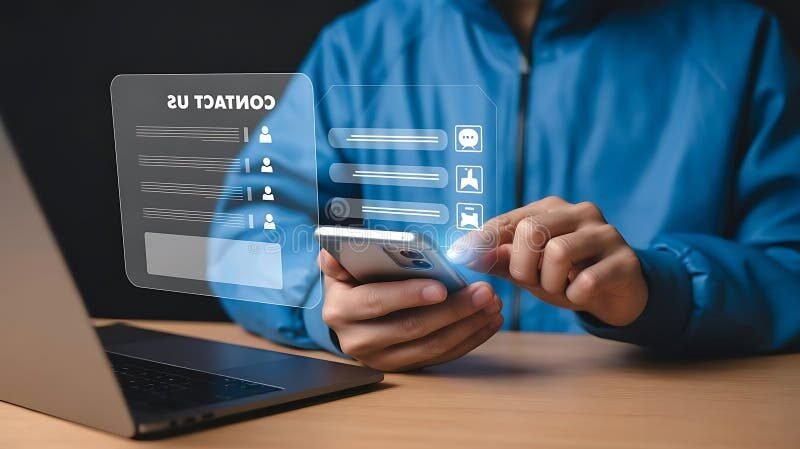 personne utilisant un smartphone avec service client visible