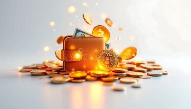 portefeuille numerique avec pieces de cryptomonnaies colorees