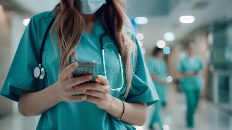 professionnel de sante utilisant un smartphone moderne